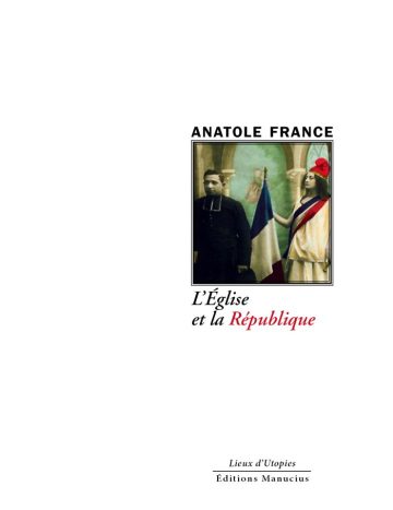 Sur un fond architectural gothique aux arches élancées, un prêtre en soutane noire, austère et croisé, enlace d'un geste ambigu Marianne, la République incarnée en femme gracile drapée de blanc, coiffée d'un bonnet phrygien et ceinturée de bleu et rouge. Le drapeau tricolore flotte entre eux comme un voile de conciliation fragile. En haut, 