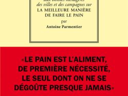 Couverture du livre « Avis aux bonnes ménagères des villes et des campagnes sur la meilleure manière de faire le pain » d'Antoine Parmentier. La partie supérieure, sur fond jaune clair, contient un cadre rectangulaire regroupant le titre en lettres capitales et italiques ainsi que le nom de l'auteur. Le centre de la couverture est occupé par un large bandeau rouge vif portant la citation en lettres capitales noires : « LE PAIN EST L'ALIMENT, DE PREMIÈRE NÉCESSITÉ, LE SEUL DONT ON NE SE DÉGOÛTE PRESQUE JAMAIS ». En bas de page figurent la collection « Livres de Bouche » et l'éditeur « Éditions Manucius ».