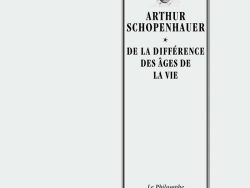 Couverture de livre d'aspect sobre et classique sur fond gris clair uni. Sur la partie droite, un grand cadre vertical à double bordure noire contient l'ensemble du texte et un portrait. En haut du cadre, centré, se trouve un portrait en gravure noir et blanc d'Arthur Schopenhauer. En dessous figure le nom de l'auteur en grands caractères serif majuscules noirs sur deux lignes : « ARTHUR / SCHOPENHAUER », séparé du titre par un astérisque central : « * ». Le titre principal est écrit juste en dessous en majuscules sur trois lignes : « DE LA DIFFÉRENCE / DES ÂGES DE / LA VIE ». En bas, à l'intérieur du cadre, le nom de la collection est écrit en italique : « Le Philosophe ». En bas à droite, à l'extérieur du cadre, figure le nom de l'éditeur : « Éditions Manucius ».
