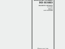 Couverture de livre d'aspect épuré sur fond gris clair uni. Sur la partie droite, un grand cadre vertical à double bordure noire contient la majorité du texte. En haut du cadre, centré, se trouve le nom de l'auteur en petites majuscules noires : « FRANÇOIS BARAT ». Le titre principal est inscrit en grands caractères serif majuscules noirs sur deux lignes : « DISCOURS TOMBÉS / DES RUSHES », suivi du sous-titre et des mentions d'édition en petites majuscules noires sur quatre lignes : « FRAGMENTS CRITIQUES / 1970-2000 / PRÉFACE / ALAIN FLEISCHER ». En bas, à l'intérieur du cadre, le nom de la collection est écrit en petites majuscules : « ÉCRITS SUR L’ART ». Tout en bas, à l'extérieur du cadre, figure le nom de l'éditeur en caractères serif : « Éditions Manucius ».