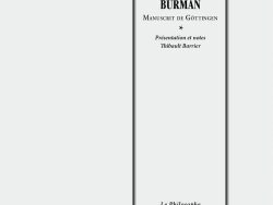 Couverture de livre d'aspect sobre et classique sur fond gris clair uni. Sur la partie droite, un grand cadre vertical à double bordure noire contient l'ensemble du texte. En haut du cadre, centré, se trouve le nom de l'auteur suivi du titre principal en grands caractères serif majuscules noirs sur trois lignes : « DESCARTES / ENTRETIEN AVEC / BURMAN », suivi du sous-titre en petites majuscules : « MANUSCRIT DE GÖTTINGEN ». En dessous, séparé par un astérisque central « * », figurent la mention et le nom en italique : « Présentation et notes / Thibault Barrier ». En bas, à l'intérieur du cadre, le nom de la collection est écrit en italique : « Le Philosophe ». En bas à droite, à l'extérieur du cadre, figure le nom de l'éditeur : « Éditions Manucius ».