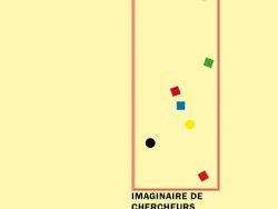 Couverture de livre sur fond jaune clair uni. En haut, une en-tête en caractères sans serif majuscules sur deux lignes indique le nom de la collection : « MODÉLISATIONS DES IMAGINAIRES » en noir, suivi de « INNOVATION ET CRÉATION » en rouge. Sur la partie droite, le nom de l'auteur est inscrit en petites majuscules noires soulignées : « VICTOR SCARDIGLI », surmontant un grand cadre vertical à bordure rouge qui contient une série de petits motifs géométriques simples de couleur (cercles et carrés de différentes teintes). Sous le cadre, le titre principal est écrit en grands caractères sans serif majuscules noirs sur quatre lignes : « IMAGINAIRE DE / CHERCHEURS / ET INNOVATION / TECHNIQUE ». Tout en bas, le nom de l'éditeur est espacé horizontalement sur toute la largeur : « É D I T I O N S M A N U C I U S ».