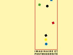 Couverture de livre sur fond jaune clair uni. En haut, une en-tête en caractères sans serif majuscules sur deux lignes indique le nom de la collection : « MODÉLISATIONS DES IMAGINAIRES » en noir, suivi de « INNOVATION ET CRÉATION » en rouge. Sur la partie droite, le nom de l'auteur est inscrit en petites majuscules noires soulignées : « MICHEL MAFFESOLI », surmontant un grand cadre vertical à bordure rouge qui contient une série de petits motifs géométriques simples de couleur (cercles et carrés de différentes teintes). Sous le cadre, le titre principal est écrit en grands caractères sans serif majuscules noirs sur deux lignes : « IMAGINAIRE ET / POSTMODERNITÉ ». Tout en bas, le nom de l'éditeur est espacé horizontalement sur toute la largeur : « É D I T I O N S M A N U C I U S ».
