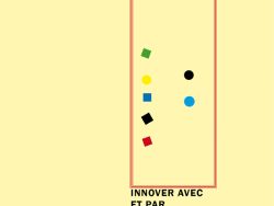 Couverture de livre sur fond jaune clair uni. En haut, une en-tête en caractères sans serif majuscules sur deux lignes indique le nom de la collection : « MODÉLISATIONS DES IMAGINAIRES » en noir, suivi de « INNOVATION ET CRÉATION » en rouge. Sur la partie droite, les noms des auteurs sont inscrits en petites majuscules noires sur trois lignes soulignées : « PIERRE MUSSO / STÉPHANIE COIFFIER / JEAN-FRANÇOIS LUCAS », surmontant un grand cadre vertical à bordure rouge qui contient une série de petits motifs géométriques simples de couleur (cercles et carrés de différentes teintes). Sous le cadre, le titre principal est écrit en grands caractères sans serif majuscules noirs sur trois lignes : « INNOVER AVEC / ET PAR / LES IMAGINAIRES ». Tout en bas, le nom de l'éditeur est espacé horizontalement sur toute la largeur : « É D I T I O N S M A N U C I U S ».
