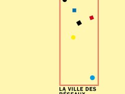Couverture de livre sur fond jaune clair uni. En haut, une en-tête en caractères sans serif majuscules sur deux lignes indique le nom de la collection : « MODÉLISATIONS DES IMAGINAIRES » en noir, suivi de « INNOVATION ET CRÉATION » en rouge. Sur la partie droite, le nom de l'auteur est inscrit en petites majuscules noires soulignées : « ANTOINE PICON », surmontant un grand cadre vertical à bordure rouge qui contient une série de petits motifs géométriques simples de couleur (cercles et carrés de différentes teintes). Sous le cadre, le titre principal est écrit en grands caractères sans serif majuscules noirs sur deux lignes : « LA VILLE DES / RÉSEAUX », suivi du sous-titre en majuscules noires plus petites sur deux lignes : « UN IMAGINAIRE / POLITIQUE ». Tout en bas, le nom de l'éditeur est espacé horizontalement sur toute la largeur : « É D I T I O N S M A N U C I U S ».