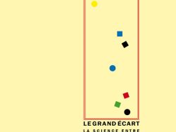 Couverture de livre sur fond jaune clair uni. En haut, une en-tête en caractères sans serif majuscules sur deux lignes indique le nom de la collection : « MODÉLISATIONS DES IMAGINAIRES » en noir, suivi de « INNOVATION ET CRÉATION » en rouge. Sur la partie droite, le nom de l'auteur est inscrit en petites majuscules noires sur deux lignes soulignées : « JEAN-MARC / LÉVY-LEBLOND », surmontant un grand cadre vertical à bordure rouge qui contient une série de petits motifs géométriques simples de couleur (cercles et carrés de différentes teintes). Sous le cadre, le titre principal est écrit en grands caractères sans serif majuscules noirs : « LE GRAND ÉCART », suivi du sous-titre en majuscules noires plus petites sur deux lignes : « LA SCIENCE ENTRE / TECHNIQUE ET CULTURE ». Tout en bas, le nom de l'éditeur est espacé horizontalement sur toute la largeur : « É D I T I O N S M A N U C I U S ».