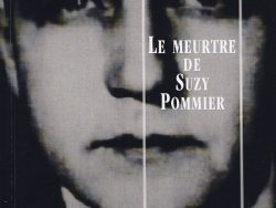 Couverture de livre sombre présentant en arrière-plan le portrait en gros plan d'un visage d'homme flou en noir et blanc. Sur la partie droite, un cadre vertical à double bordure blanche contient la majorité des textes. En haut du cadre, centré, se trouve le nom de l'auteur en caractères serif blancs : « Emmanuel Bove ». Le titre principal est inscrit au centre en grands caractères serif majuscules blancs sur quatre lignes : « LE MEURTRE / DE / SUZY / POMMIER ». En bas, à l'intérieur du cadre, le nom de la collection est écrit en italique blanc : « Le Policier ». Tout en bas, à l'extérieur du cadre, figure le nom de l'éditeur en caractères serif majuscules blancs : « ÉDITIONS MANUCIUS ».