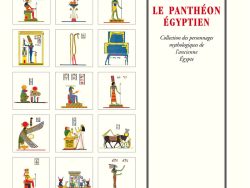 Illustration du Panthéon égyptien selon Champollion : une grille colorée de 20 divinités et figures mythologiques de l'Égypte ancienne, incluant des dieux à tête d'oiseau, de chacal, de faucon et d'autres animaux, entourés d'hiéroglyphes et de symboles. Titre central en rouge : « LE PANTHÉON ÉGYPTIEN », avec mention « Collection des personnages mythologiques de l'ancienne Egypte » et éditeur « Éditions Manucius ».
