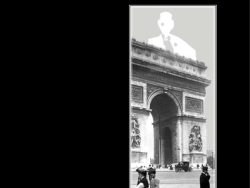 Couverture de livre sur fond noir uni. En haut, centré, se trouvent le nom de l'auteur et le titre principal en caractères sans serif majuscules blancs : « MAURICE LEBLANC » puis « LE PARDESSUS D’ARSÈNE LUPIN ». Sur la partie droite, un grand cadre vertical à double bordure blanche contient une photographie d'époque en noir et blanc représentant l'Arc de Triomphe avec des promeneurs au premier plan, surmontée de la silhouette fantomatique blanche d'Arsène Lupin. En bas à gauche figure le nom de la collection en italique blanc : « Aventures & Mystères », suivi du nom de l'éditeur : « Éditions Manucius ».