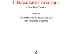 Couverture de livre d'aspect épuré sur fond blanc uni. En haut, centré, se trouve le nom de l'auteur en caractères serif : « Éric Marty ». Le titre principal est écrit au centre en grands caractères serif majuscules rouges : « L’ENGAGEMENT EXSTATIQUE », suivi du sous-titre entre tirets en petites majuscules noires : « – SUR RENÉ CHAR – ». En dessous figure la mention en italique : « suivi de », suivie du titre complémentaire en petites majuscules noires et italiques sur deux lignes : « COMMENTAIRE DU FRAGMENT 178 / DES FEUILLETS D’HYPNOS ». Vers le bas, une petite vignette carrée présente un logo gravé en noir et blanc. En dessous, souligné d'un liseré rouge, le nom de la collection est écrit en majuscules rouges : « LE MARTEAU SANS MAÎTRE ». Tout en bas, figure le nom de l'éditeur en italique : « Éditions Manucius ».