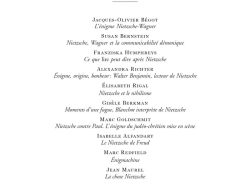 Couverture de livre d'aspect épuré sur fond blanc uni. En haut, le titre principal est écrit en grands caractères serif rouges : « L’ÉNIGME NIETZSCHE ». En dessous, figure la mention d'édition en petites majuscules : « TEXTES RASSEMBLÉS ET PRÉSENTÉS PAR / ISABELLE ALFANDARY ET MARC GOLDSCHMIT », séparée de la suite par un fin liseré horizontal. Au centre, la liste des contributeurs et de leurs contributions est alignée, alternant noms en petites majuscules et titres en italique : Jacques-Olivier Bégot : L’énigme Nietzsche-Wagner Susan Bernstein : Nietzsche, Wagner et la communicabilité démonique Franziska Humphreys : Ce que lire peut dire après Nietzsche Alexandra Richter : Énigme, origine, bonheur : Walter Benjamin, lecteur de Nietzsche Élisabeth Rigal : Nietzsche et le nihilisme Gisèle Berkman : Moments d’une fugue, Blanchot interprète de Nietzsche Marc Goldschmit : Nietzsche contre Paul. L’énigme du judéo-chrétien mise en scène Isabelle Alfandary : Le Nietzsche de Freud Marc Redfield : Énigmachine Jean Maurel : La chose Nietzsche Vers le bas, une petite vignette carrée présente un logo gravé en noir et blanc. En dessous, souligné d'un liseré rouge, le nom de la collection est écrit en majuscules rouges : « LE MARTEAU SANS MAÎTRE ». Tout en bas, figure le nom de l'éditeur en italique : « Éditions Manucius ».