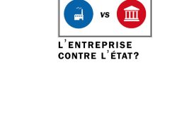 Couverture de livre sur fond blanc uni. Sur la partie droite, la mention des auteurs est inscrite en haut en caractères sans serif noirs sur deux lignes : « Collectif sous la direction de / Pierre Musso », surmontant un cadre horizontal à bordure noire qui contient deux pictogrammes circulaires séparés par la mention « vs » : une usine blanche sur fond bleu à gauche et un monument classique blanc sur fond rouge à droite. Sous le cadre, le titre principal est écrit en grands caractères sans serif majuscules noirs sur deux lignes : « L’ENTREPRISE / CONTRE L’ÉTAT? ». Tout en bas, au-dessus de deux fins filets noirs horizontaux, figure le nom de l'éditeur en caractères serif noirs : « Éditions Manucius », et en dessous la mention d'institution : « Institut d’études avancées de Nantes ».