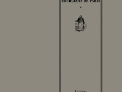 Couverture de livre d'aspect sobre et classique sur fond gris taupe uni. Sur la partie droite, un grand cadre vertical à double bordure noire contient l'ensemble du texte et une illustration. En haut du cadre, centré, se trouve le nom de l'auteur en grands caractères serif majuscules noirs : « MAUPASSANT », suivi du titre principal en majuscules sur deux lignes : « LES DIMANCHES D’UN / BOURGEOIS DE PARIS ». En dessous, séparé par un astérisque central « * », figure une gravure en noir et blanc représentant un personnage masculin d'époque debout. En bas, à l'intérieur du cadre, le nom de la collection est écrit en petites majuscules : « LITTÉRA ». En bas à droite, à l'extérieur du cadre, figure le nom de l'éditeur : « Éditions Manucius ».