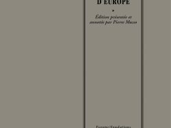 Couverture de livre sur fond gris uni. Sur la partie droite, un cadre vertical à double bordure noire contient la majorité des textes. En haut du cadre, le nom de l'auteur est inscrit en grands caractères serif majuscules noirs : « C. LEMONNIER », surmontant le titre principal sur deux lignes : « LES ETATS-UNIS / D’EUROPE ». En dessous d'un astérisque « * », la mention d'édition figure en italique noir sur deux lignes : « Édition présentée et / annotée par Pierre Musso ». En bas, à l'intérieur du cadre, le nom de la collection est écrit en italique noir : « Europe/Fondations ». Tout en bas, à l'extérieur du cadre, figure le nom de l'éditeur en caractères serif noirs : « Éditions Manucius ».
