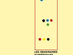Couverture de livre d'aspect graphique sur fond jaune pâle uni. En haut, le nom de la collection est écrit en majuscules espacées sur deux lignes : « MODÉLISATIONS DES IMAGINAIRES » en noir et « INNOVATION ET CRÉATION » en rouge. Sur la partie droite, un cadre vertical composé de deux liserés rouges contient plusieurs formes géométriques de couleurs primaires et secondaires (cercles bleu, rouge, jaune, noir et carrés noir, bleu, rouge, vert) disposées de manière abstraite. Au-dessus du cadre, souligné d'un liseré rouge, le nom de l'auteur est écrit en caractères sans serif majuscules noirs : « PASCAL PLANTARD ». En dessous du cadre, le titre principal est écrit en majuscules gras noirs sur trois lignes : « LES IMAGINAIRES / NUMÉRIQUES / EN ÉDUCATION ». Tout en bas de la page, le nom de l'éditeur est disposé en majuscules très espacées : « É D I T I O N S M A N U C I U S ».