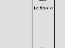 Couverture de livre d'aspect sobre et classique sur fond gris clair uni. Sur la partie droite, un grand cadre vertical à double bordure noire contient l'ensemble du texte. En haut du cadre, centré, se trouve le nom de l'auteur en caractères serif : « Theodor Gomperz ». En dessous, le surtitre est écrit en petites majuscules serif noires sur deux lignes : « LES PENSEURS / DE LA GRÈCE », séparé du titre par deux astérisques centraux : « ». Le titre principal est écrit au centre en grands caractères serif majuscules noirs : « LES MÉDECINS ». En bas, à l'intérieur du cadre, le nom de la collection est écrit en italique : « Le Philosophe ». En bas à droite, à l'extérieur du cadre, figure le nom de l'éditeur : « Éditions Manucius ».