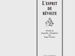 Couverture de livre d'aspect sobre et classique, de couleur gris clair. Sur la partie droite, un grand rectangle à double bordure noire encadre le texte et l'illustration. En haut de ce cadre, centré, se trouve le nom de l'auteur : « Pierre Kropotkine ». En dessous, le titre principal est écrit en grands caractères majuscules noirs : « L'ESPRIT DE RÉVOLTE ». Au centre du cadre figure un dessin en noir et blanc représentant un homme au buste découvert et aux bras écartés dans une posture dynamique. Sous le dessin, la mention en italique indique : « Précédé de Anarchie «Trionferà» par Roger Dadoun ». En bas du cadre, on lit le nom de la collection « Lieux d'Utopies », puis juste en dessous, en dehors du cadre, le nom de l'éditeur « Éditions Manucius ».