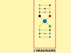 Couverture de livre sur fond jaune clair uni. En haut, une en-tête en caractères sans serif majuscules sur deux lignes indique le nom de la collection : « MODÉLISATIONS DES IMAGINAIRES » en noir, suivi de « INNOVATION ET CRÉATION » en rouge. Sur la partie droite, le nom de l'auteur est inscrit en petites majuscules noires soulignées : « PIERRE MUSSO », surmontant un grand cadre vertical à bordure rouge qui contient un schéma géométrique vertical composé de lignes noires reliant des cercles et des carrés de différentes couleurs (jaune, bleu, vert, rouge, noir). Sous le cadre, le titre principal est écrit en grands caractères sans serif majuscules noirs sur trois lignes : « L’IMAGINAIRE / DU / RÉSEAU ». Tout en bas, le nom de l'éditeur est espacé horizontalement sur toute la largeur : « É D I T I O N S M A N U C I U S ».