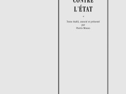 Couverture de livre d'aspect sobre et classique sur fond gris clair uni. Sur la partie droite, un grand cadre vertical à double bordure noire contient l'ensemble du texte. En haut du cadre, centré, se trouve le nom de l'auteur en caractères serif : « Herbert Spencer ». Le titre principal est écrit au centre en grands caractères serif majuscules noirs sur trois lignes : « L’INDIVIDU / CONTRE / L’ÉTAT », séparé du reste par un astérisque central : « * ». En dessous figure la mention : « Texte établi, annoté et présenté / par / Pierre Musso ». En bas, à l'intérieur du cadre, le nom de la collection est écrit en italique : « Le Philosophe ». En bas à droite, à l'extérieur du cadre, figure le nom de l'éditeur : « Éditions Manucius ».