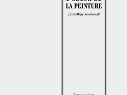 Couverture de livre d'aspect épuré sur fond gris clair uni. Sur la partie droite, un grand cadre vertical à double bordure noire contient la majorité du texte. En haut du cadre, centré, se trouve le nom de l'auteur en petites majuscules noires : « GÉRARD DESSONS ». Le titre principal est inscrit en grands caractères serif majuscules noirs sur deux lignes : « L’ODEUR DE / LA PEINTURE », suivi du sous-titre en italique : « L’hypothèse Rembrandt ». En bas, à l'intérieur du cadre, le nom de la collection est écrit en petites majuscules : « ÉCRITS SUR L’ART ». Tout en bas, à l'extérieur du cadre, figure le nom de l'éditeur en caractères serif : « Éditions Manucius ».