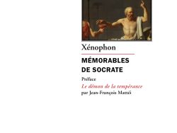 Couverture de livre en tons sépia : une peinture néoclassique au centre montrant un philosophe antique barbu et drapé d'une toge blanche, debout contre un mur de pierre, tenant une coupe dans une main tout en gesticulant de l'autre près d'un trépied supportant un vase, évoquant une scène de sagesse ou de banquet. En haut, le nom de l'auteur Xénophon. Le titre « Mémorables de Socrate » domine, suivi d'une préface « Le démon de la tempérance » par Jean-François Mattéi. En bas, l'éditeur Éditions Manucius et la collection « Le Philosophe ».