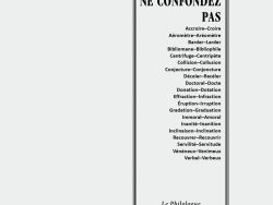Couverture de livre d'aspect sobre et classique, de couleur gris clair. Sur la partie droite, un grand rectangle à double bordure noire encadre le texte. En haut de ce cadre, centré, se trouve le nom de l'auteur : « ÉTIENNE LE GAL ». En dessous, le titre principal est écrit en grands caractères majuscules noirs : « NE CONFONDEZ PAS », suivi d'une liste de paires de mots paronymes ou confus alignés à droite (ex. Accroire–Croire, Effraction–Infraction, Vénéneux–Venimeux). En bas du cadre, on lit le nom de la collection « Le Philologue », puis juste en dessous, en dehors du cadre, le nom de l'éditeur « Éditions Manucius ».