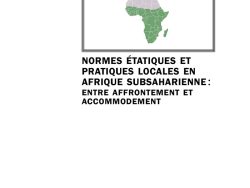 Couverture de livre sur fond blanc uni. Sur la partie droite, la mention des auteurs est inscrite en haut en caractères sans serif noirs sur deux lignes : « Collectif sous la direction de / M. Diawara et U. Röschenthaler », surmontant un cadre horizontal à bordure noire qui contient une carte illustrée du continent africain colorée en vert et mauve. Sous le cadre, le titre principal est écrit en grands caractères sans serif majuscules noirs sur trois lignes : « NORMES ÉTATIQUES ET / PRATIQUES LOCALES EN / AFRIQUE SUBSAHARIENNE : », suivi du sous-titre en majuscules noires légèrement plus petites sur deux lignes : « ENTRE AFFRONTEMENT ET / ACCOMMODEMENT ». Tout en bas, au centre, figure le nom de l'éditeur en caractères sans serif noirs : « Éditions Manucius ».